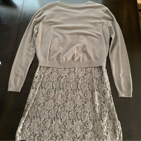 Elegant taupe long-sleeve dress tunic soft knit top lace skirt tag missing S/M - Picture 5 of 5